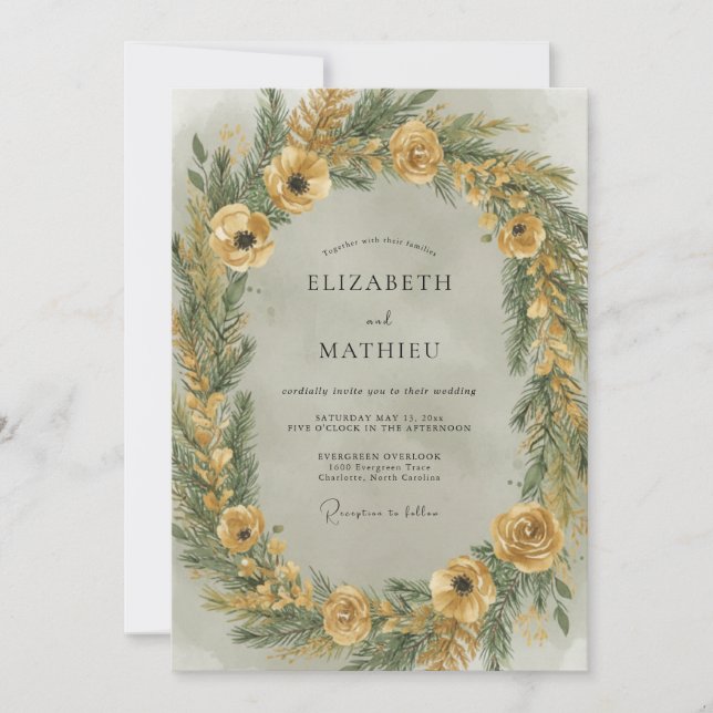 Convites Mostarda Casamento de Inverno Evergreen (Frente)
