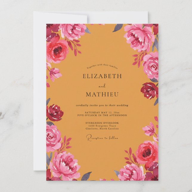 Convites Mostarda Magenta Ranunculus Empoeirado Weddin (Frente)