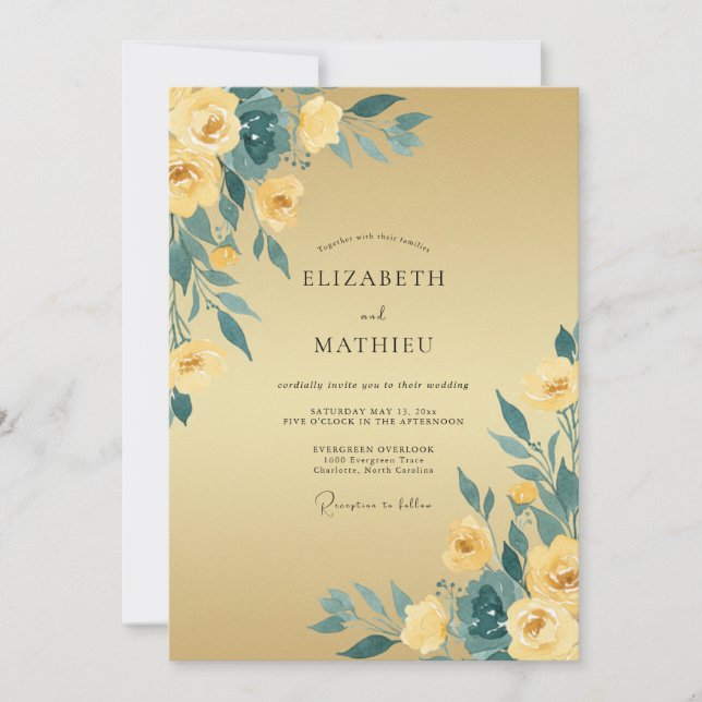 Convites Mostarda Teal Ranunculus Eucalipto Casamento (Frente)