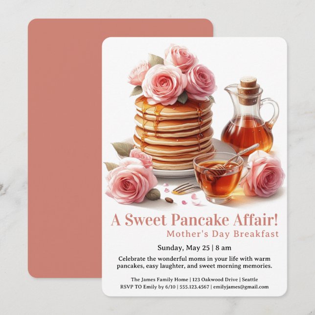 Convites Mother’s Day Breakfast Invitation – Pancakes Roses (Frente/Verso)