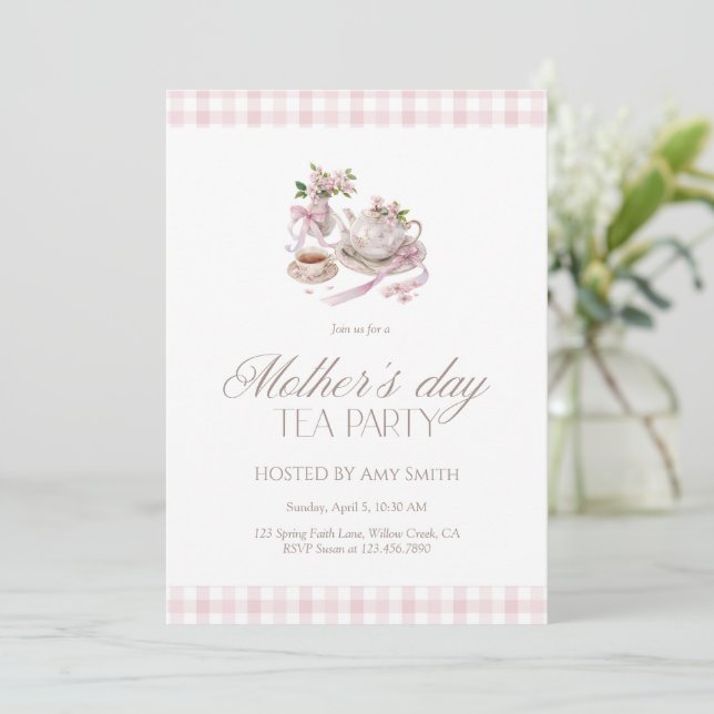 Convites Mother’s Day Tea Party Pink Gingham (Em pé/Frente)