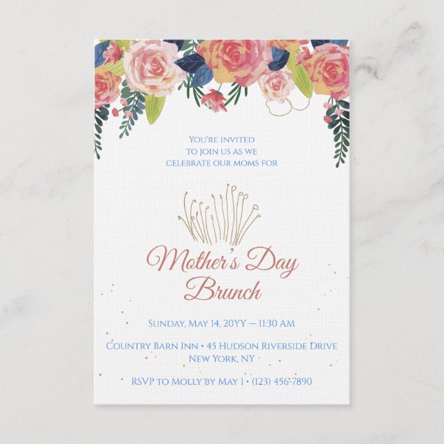 Convites Mother's Day Brunch Floral Navy Blue & Rose Gold (Frente)