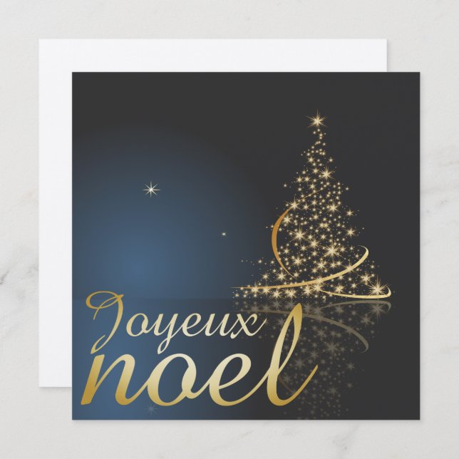 Convites Motif de Noël bleu avec arbre de Noël doré (Frente/Verso)