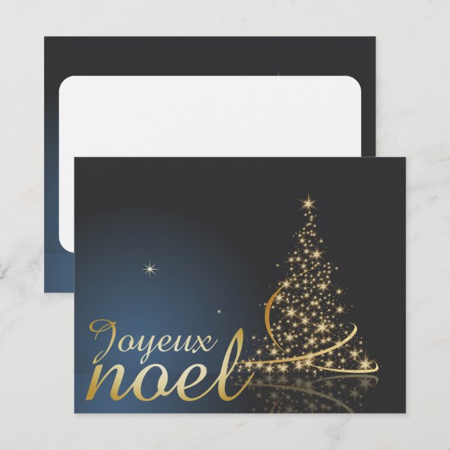 Convites Motif de Noël bleu avec arbre de Noël doré (Frente/Verso)