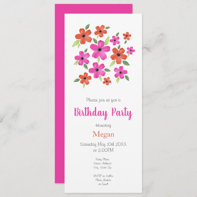 Convites Motif Floral Cor-de-rosa quente e aquarela (Frente/Verso)