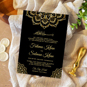 Convites Motivo Islâmico Tradicional Preto Dourado Casament