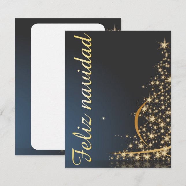 Convites Motivo natalício azul com dourado árvore de natal. (Frente/Verso)