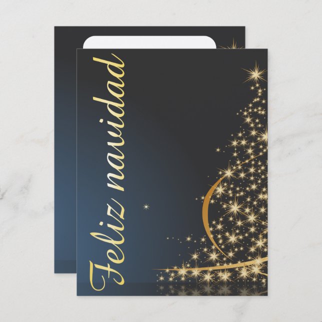 Convites Motivo navideño azul con dorado árbol de navidad (Frente/Verso)