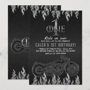 Convites Moto de Couro Preto Prata 1 UM Primeiro Aniversári
