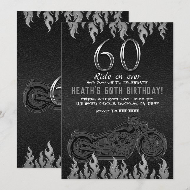Convites Moto de Couro Preto Prata 60TH 60 Aniversário (Frente/Verso)