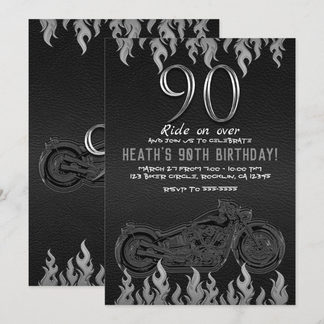 Convites Moto de Couro Preto Prata 90TH Aniversário de 90 A (Frente/Verso)