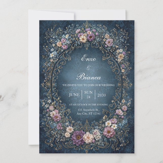 Convites Mottled Indigo Royal Ornate Oval Wedding (Frente)
