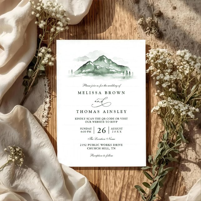 Convites Mountain Forest Trees Pine Rustic QR Code Wedding (Criador carregado)