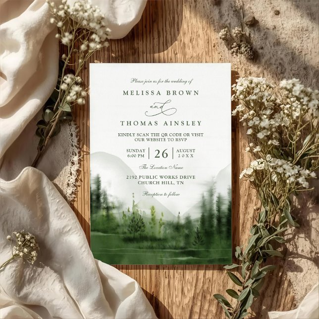 Convites Mountain Forest Trees Rustic QR Code Wedding (Criador carregado)
