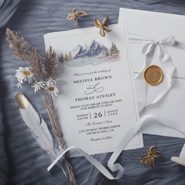 Convites Mountain Lake Forest Rustic Budget QR Code Wedding (Criador carregado)