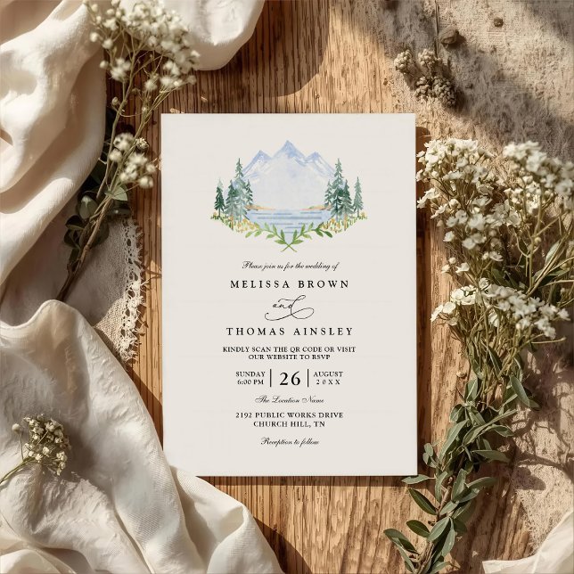 Convites Mountain Lake Forest Tree Rustic QR Code Wedding (Criador carregado)