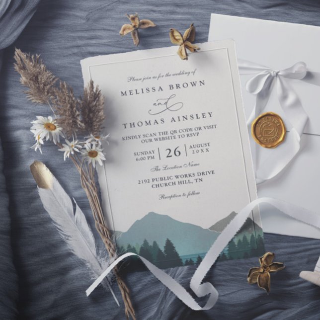 Convites Mountain Lake Forest Trees Pine QR Code Wedding (Criador carregado)