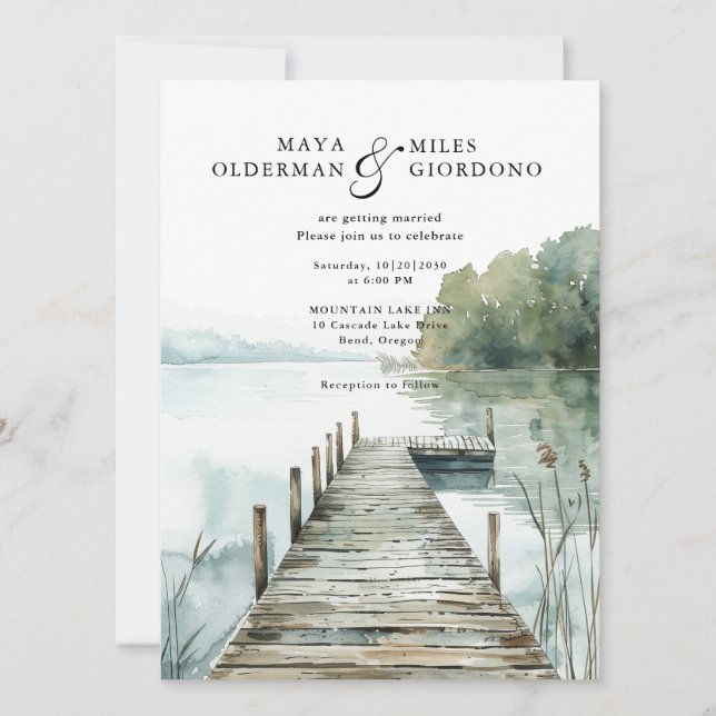 Convites Mountain Lake Forest Watercolor Wedding (Frente)