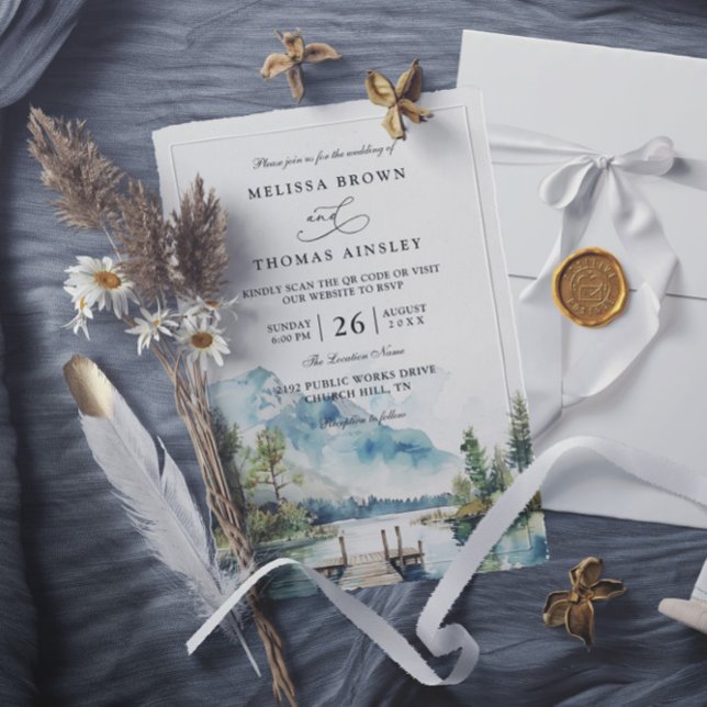 Convites Mountain Lake Watercolor Forest QR Code Wedding (Criador carregado)