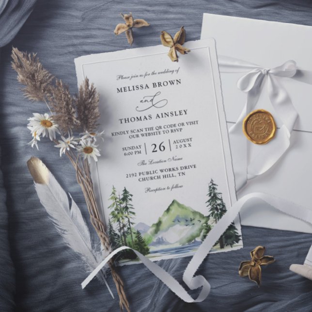 Convites Mountain Rustic Forest Budget QR Code Wedding (Criador carregado)