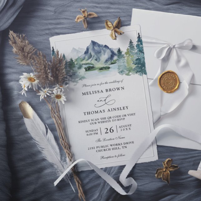 Convites Mountain Watercolor Rustic Budget QR Code Wedding (Criador carregado)