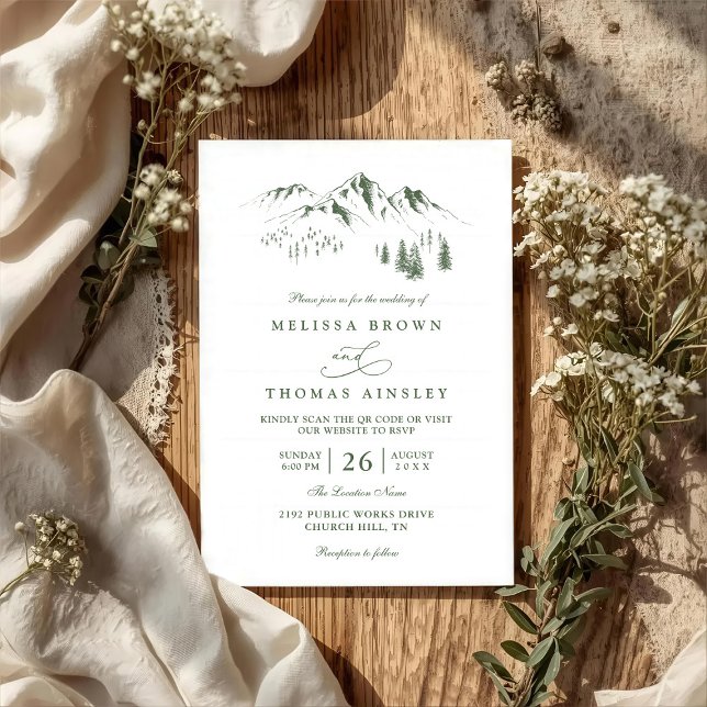 Convites Mountains Forest Trees Pine Rustic QR Code Wedding (Criador carregado)
