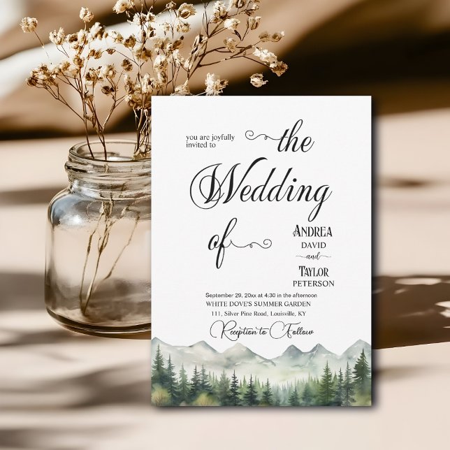 Convites Mountains Pines Elegant Calligraphy Wedding (Criador carregado)