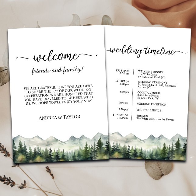 Convites Mountains Pines Wedding Bag Letter & Timeline Card (Criador carregado)