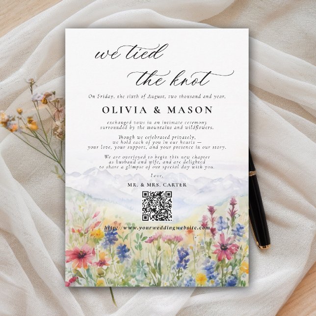 Convites Mountains Wildflowers Meadow Wedding Announcement (we tied the knot wedding announcement mountains wildflowers meadow modern calligraphy watercolor)
