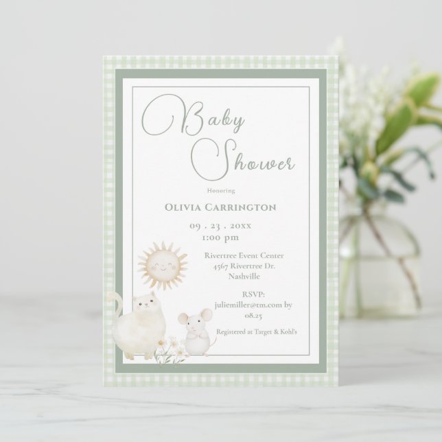 Convites Mouse Gingham Vintage Baby Shower (Em pé/Frente)