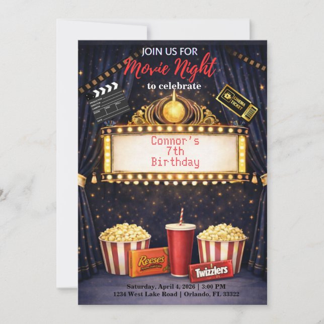 Convites Movie Night Birthday Invitation  (Frente)