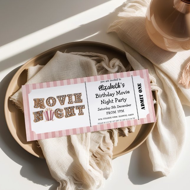Convites Movie Night Birthday Party Pink Ticket Style  (Criador carregado)