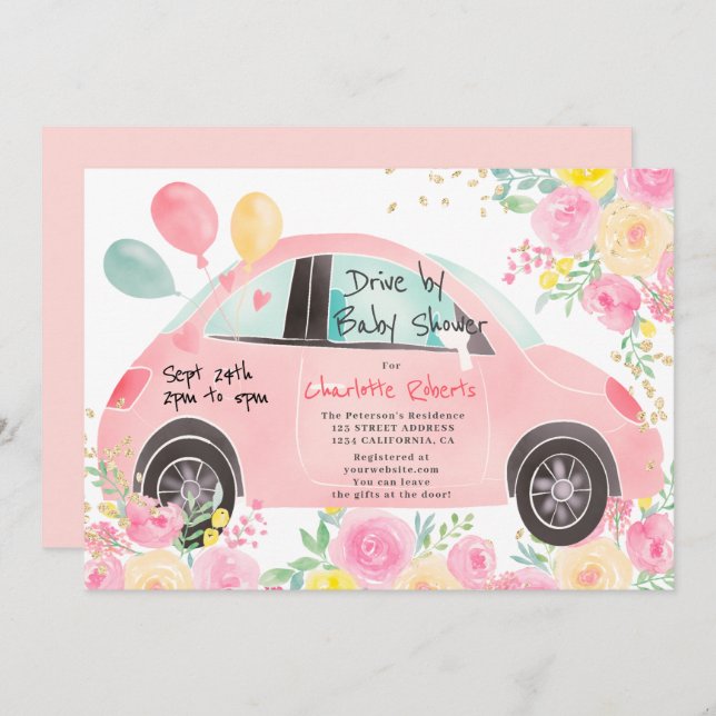 Convites Movimentação de carro floral, cor-de-rosa, de cor  (Frente/Verso)