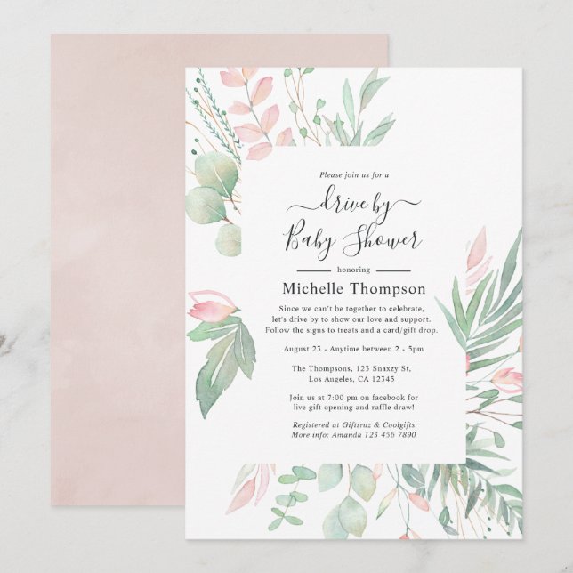 Convites Movimentação de Pastel Blush Greenery por Chá (Frente/Verso)