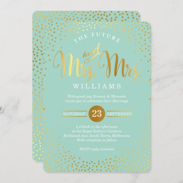 Convites MRS. & MRS. NA MODA WEDDING gold confetti (Frente/Verso)