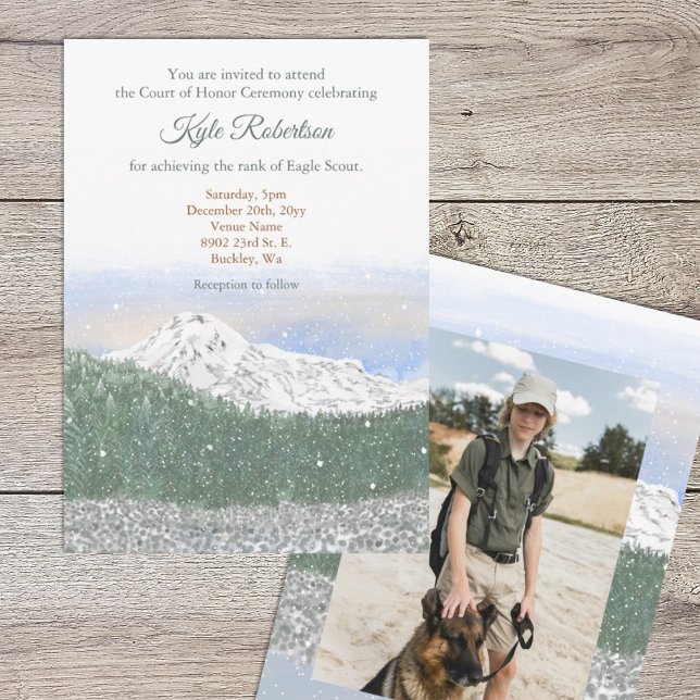 Convites Mt. Rainier, Escoteiro Eagle, Cerimônia de Corte d (Eagle scout court of honor invitation with mountains, trees and snow landscape, photo on back)