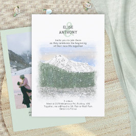 Convites Mt. Rainier, Falling Snow, Winter Green Wedding