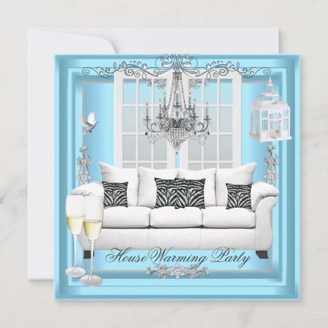 Convites Mudança de Casa Lustre Azul Teal Branco Champanhe (Frente)