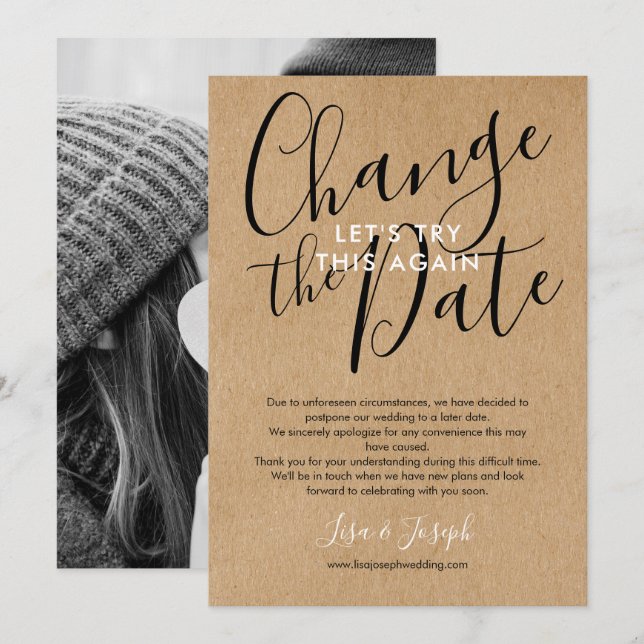 Convites Mudança de Data Adiada Cancelada Foto Rústica (Frente/Verso)