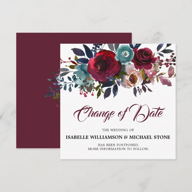 Convites Mudança de Data Casamento Floral Burgundy Vermelho (Frente/Verso)