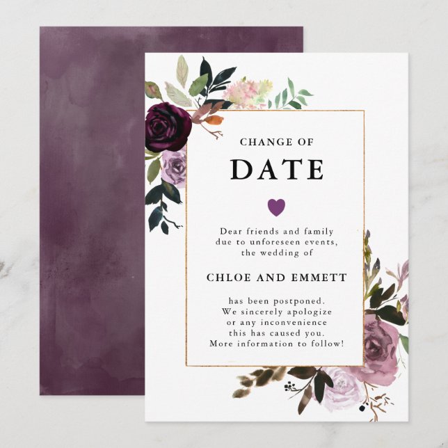 Convites Mudança de Data Casamento Floral Roxo Rosa Mauve (Frente/Verso)