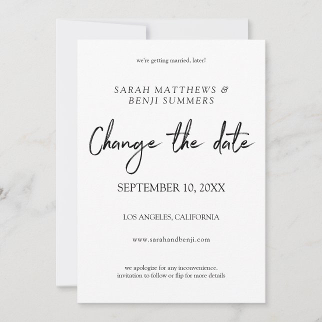 Convites Mudança de Data da Caligrafia em Branco e Preto -  (Frente)