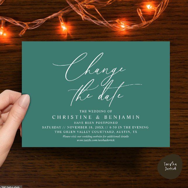 Convites Mudança de Data de Casamento com Elegância Posterg (Elegant Script Change the Date Wedding Postponement Invitation Card in Teal Green)