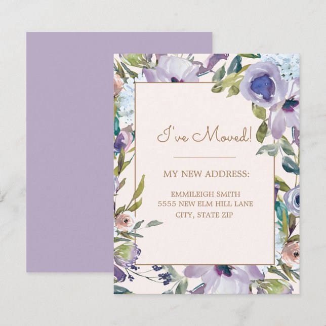 Convites Mudança de Endereço Floral Verde Elegante Roxo (Frente/Verso)