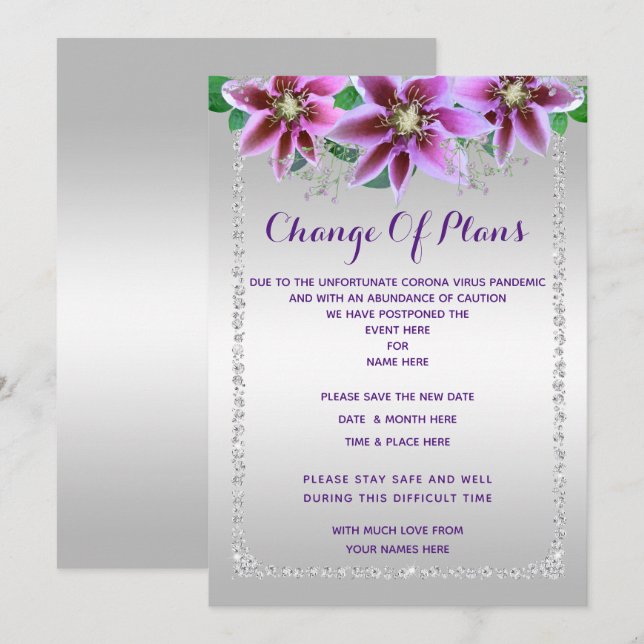Convites Mudança de Planos com Diamantes e Flores Elegantes (Frente/Verso)