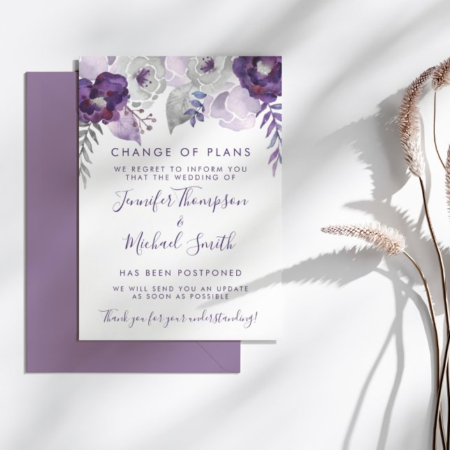 Convites Mudança de Planos de Casamento com Aquarela Roxa e (Purple & Silver Watercolor Wedding Change of Plans)