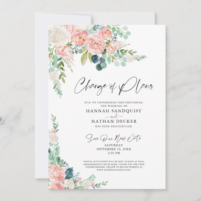 Convites Mudança de planos de casamento floral rosa desbota (Frente)