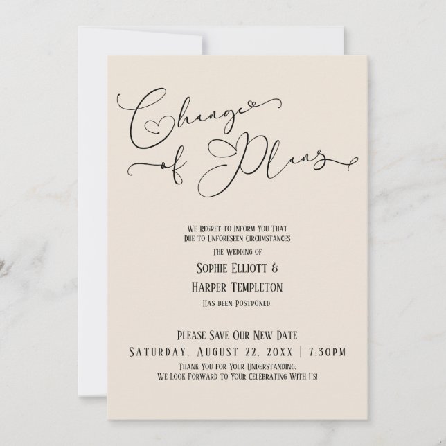 Convites Mudança de Planos, Elegante Creme Nova Data de Cas (Frente)