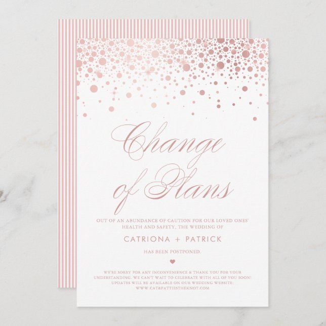 Convites Mudança de Planos Rose Gold Foil Confetti Adiament (Frente/Verso)