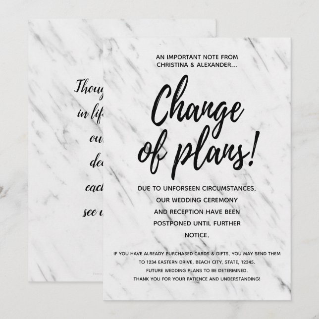 Convites Mudança Moderna de Planos Adiada Cancelada (Frente/Verso)